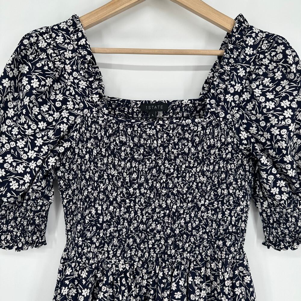 1.State Floral Print Puff Sleeve Smocked Mini Dress Square Neck Fit and Flare - Picture 5 of 13